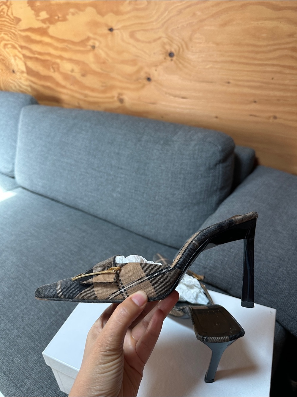 Rodolphe Menudier Plaid Pointed-Toe Mule with Gold Buckle - Brown/Black
